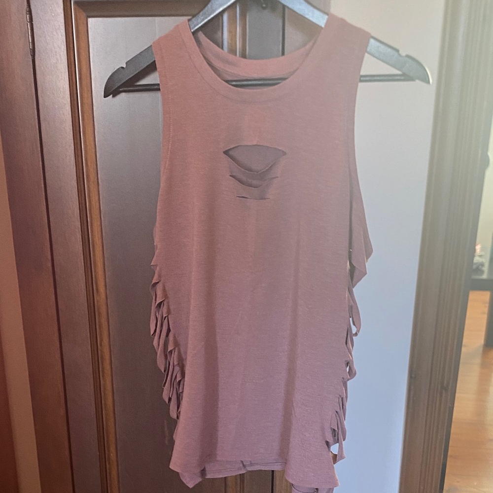 ALO Yoga Mauve Pink Muscle Tee with Side Fringe